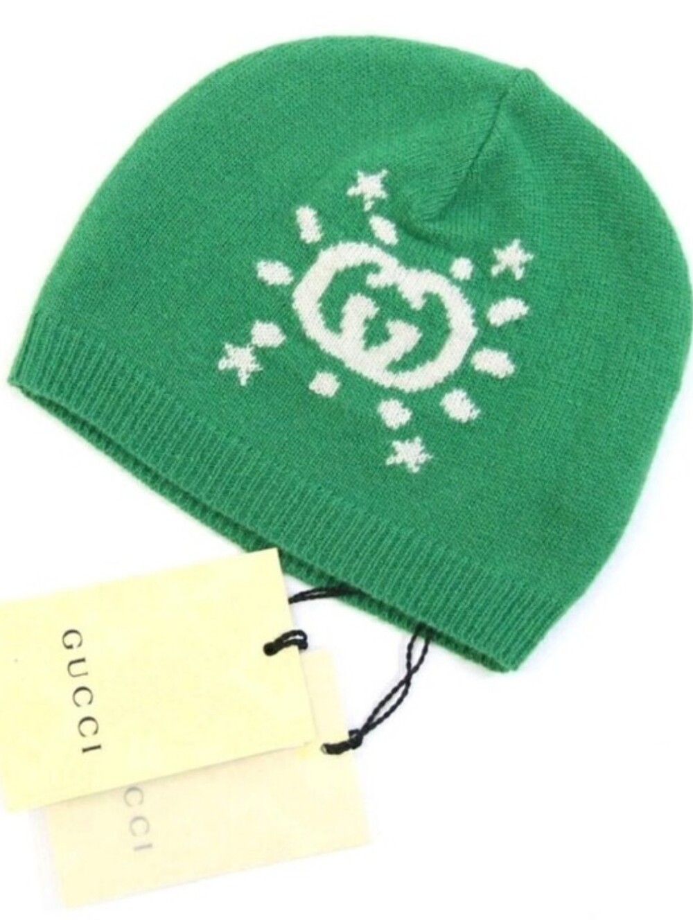 Gucci Green Knit Kids Wool Beanie with White Sun Motif